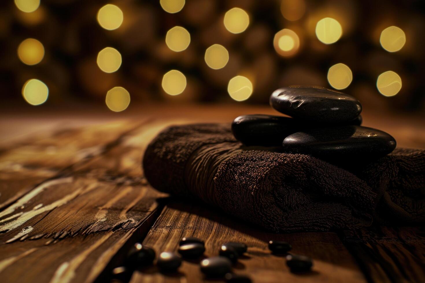 AI generated three wooden towels and black stones on a wooden table photo