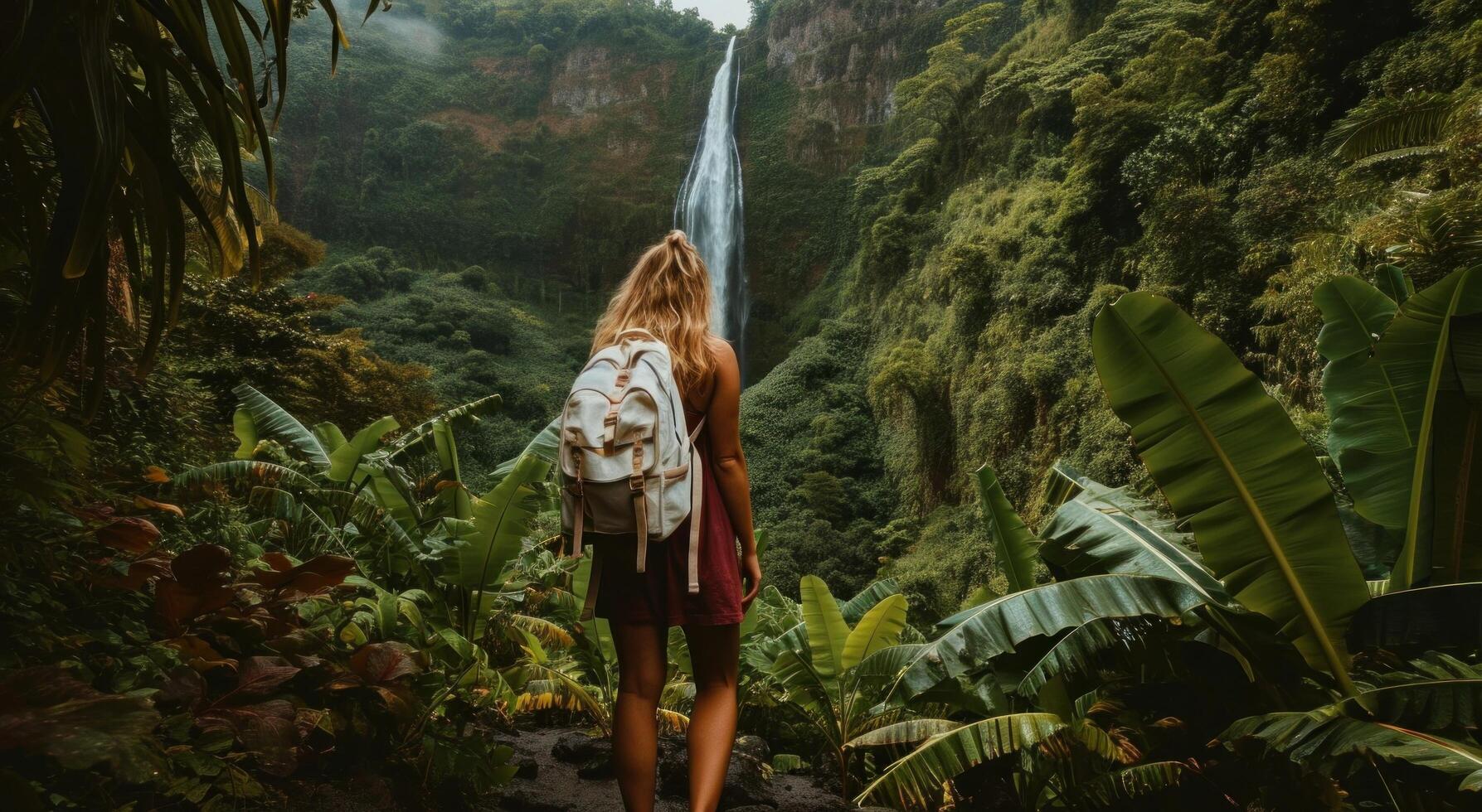 AI generated woman holding white backpack and standing next to waterfall photo