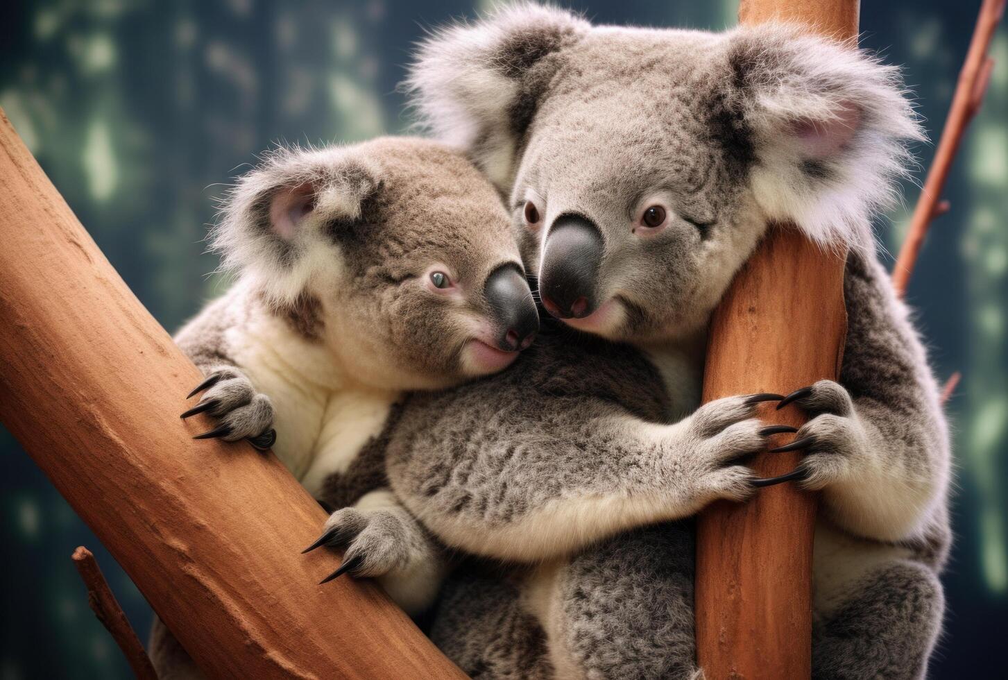 AI generated two koalas petting each other in a tree photo