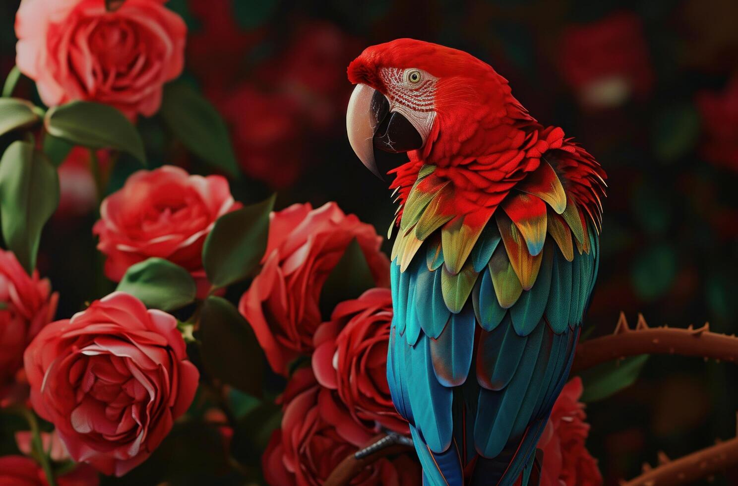 AI generated red roses and a colorful parrot photo