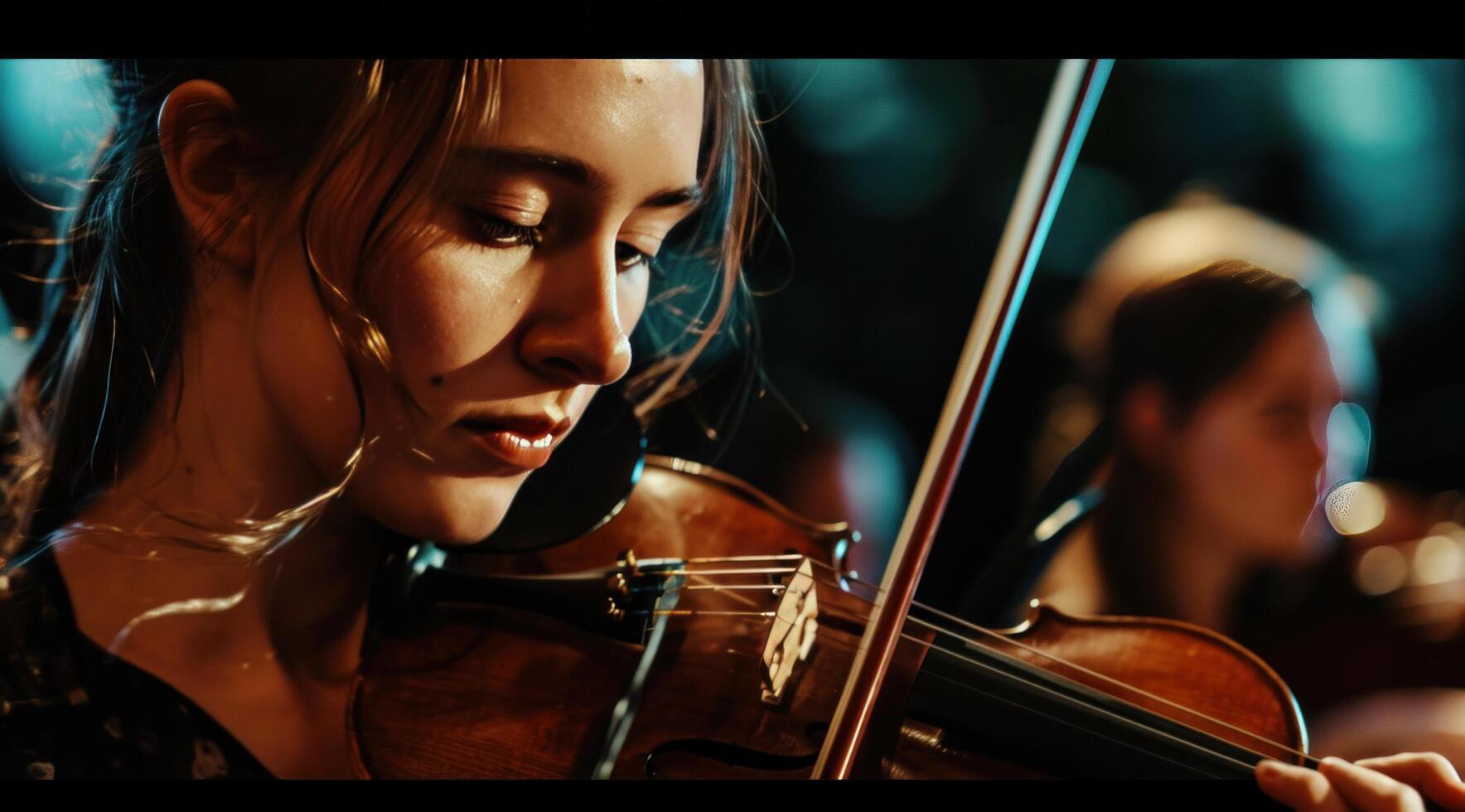 ai generado joven talentoso violinista con orquesta de clásico música foto