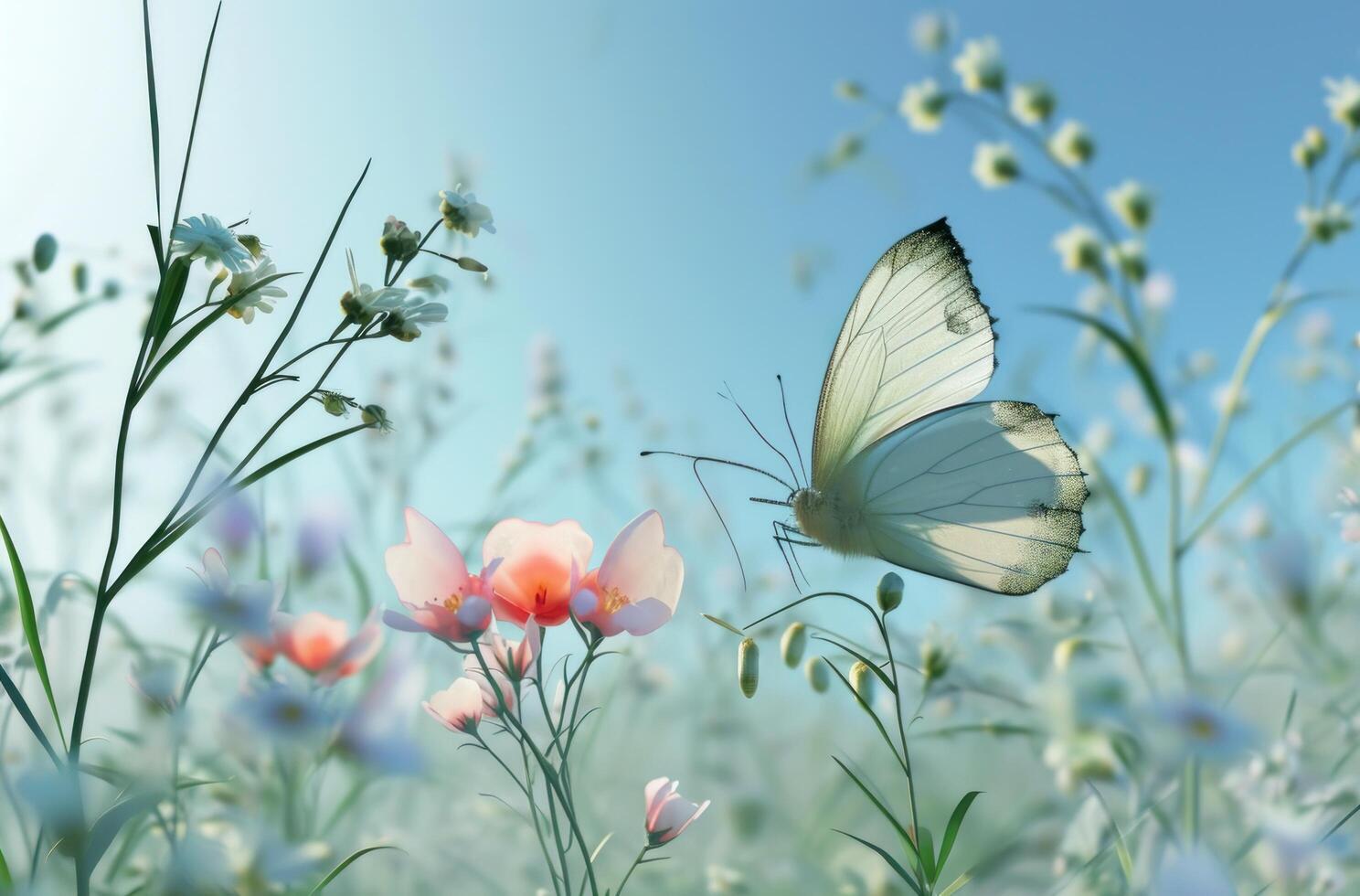 ai generado un mariposa pasa por un pequeño flor foto