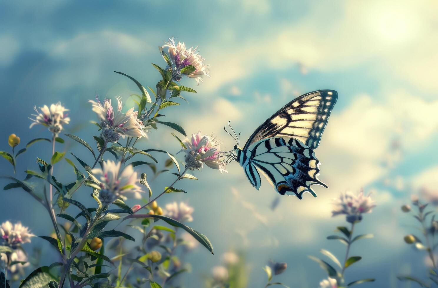 ai generado un mariposa pasa por un pequeño flor foto