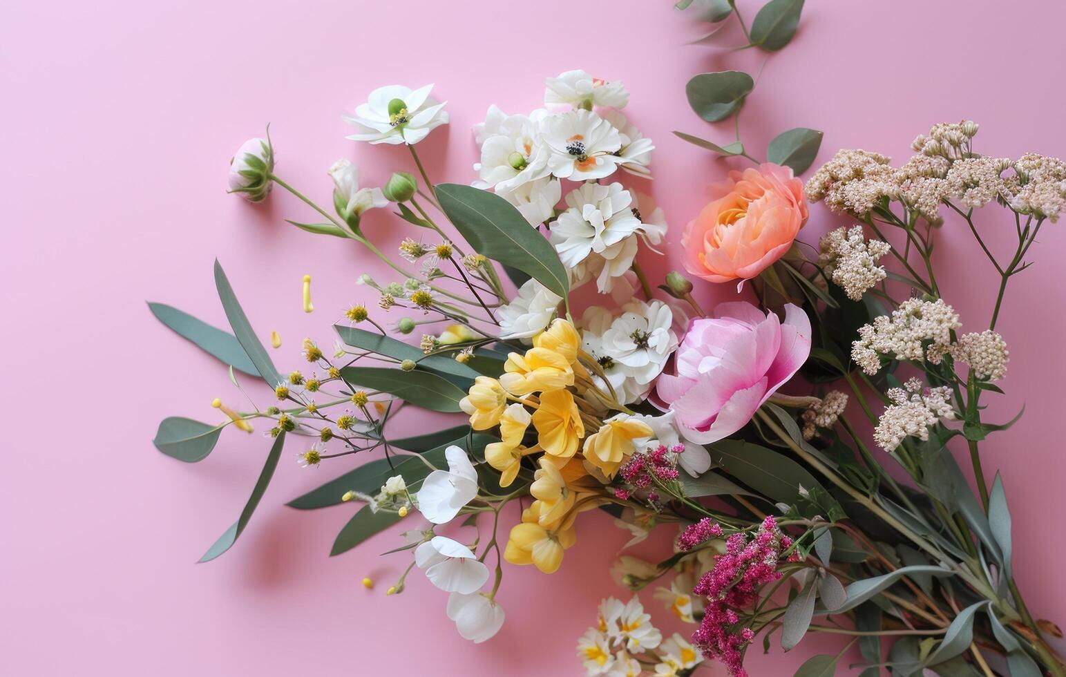 ai generado un ramo de flores de flores en un rosado antecedentes con mi archivos foto