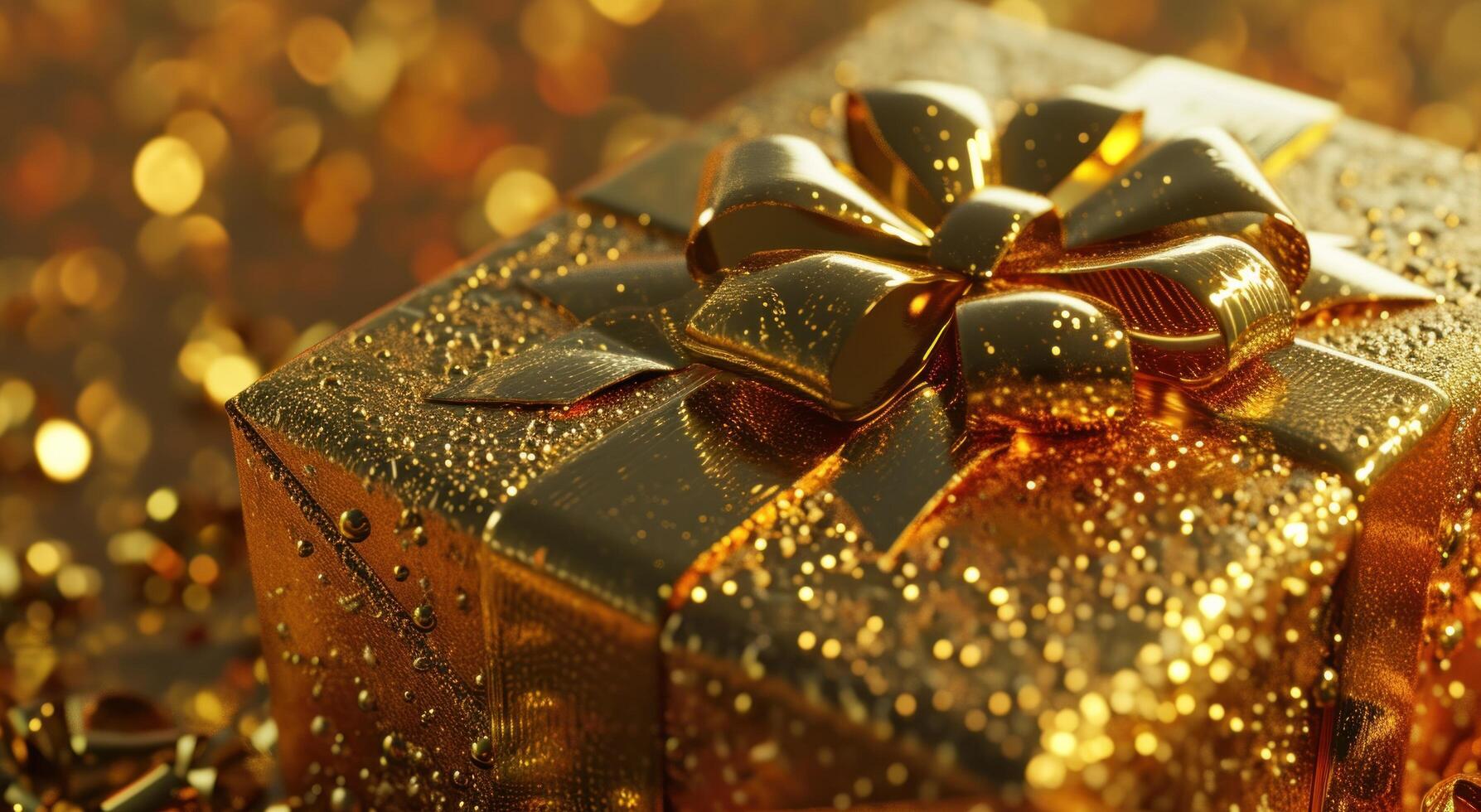 AI generated a gold gift box with a bow and golden ribbon photo