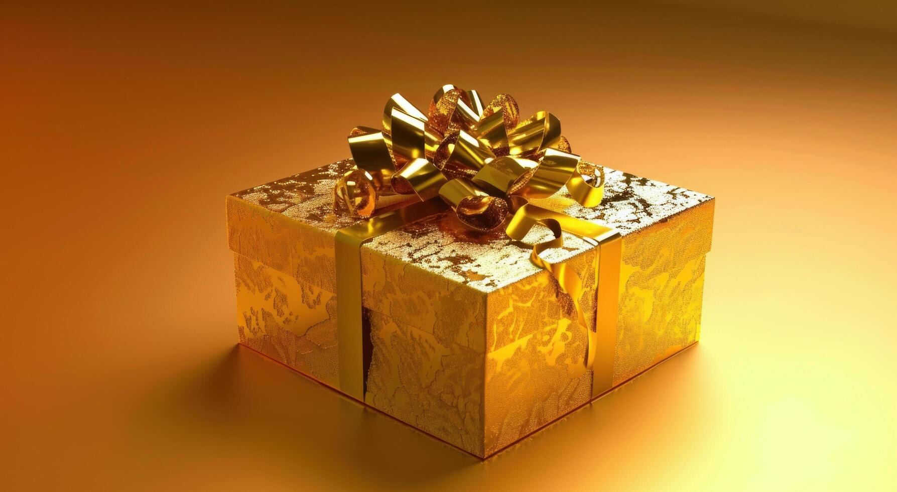 AI generated a gold gift box with a bow and golden ribbon photo