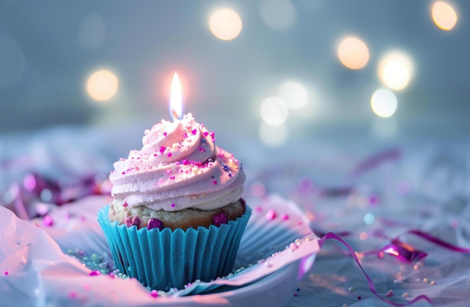 AI generated a colorful cupcake lit with a candle photo