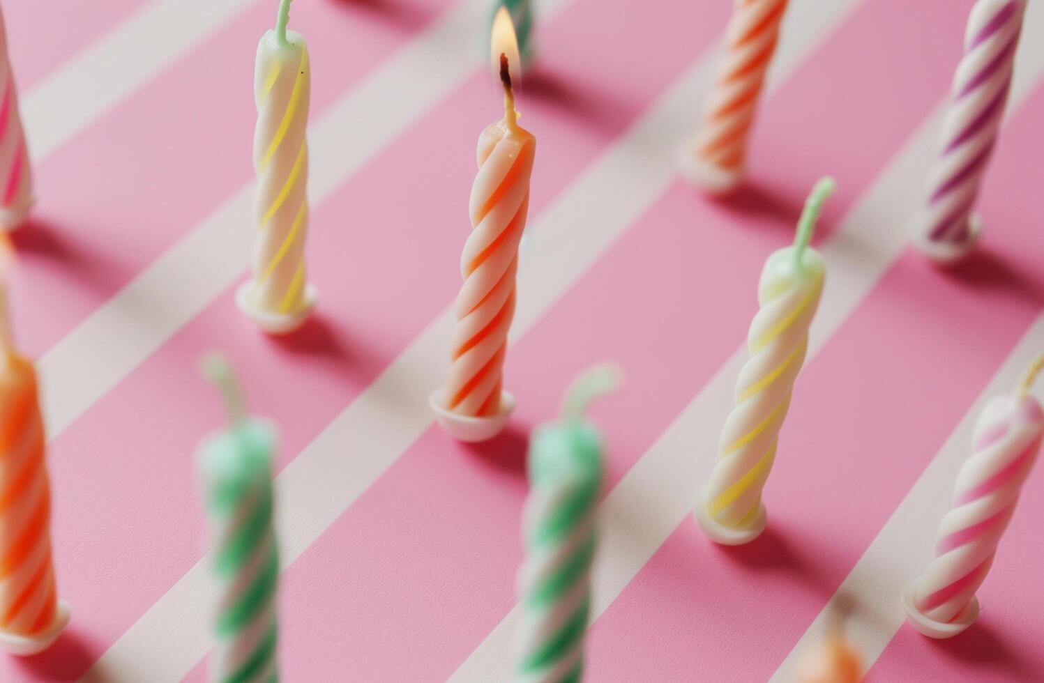 ai generado cumpleaños de colores velas arreglado en un rosado antecedentes foto