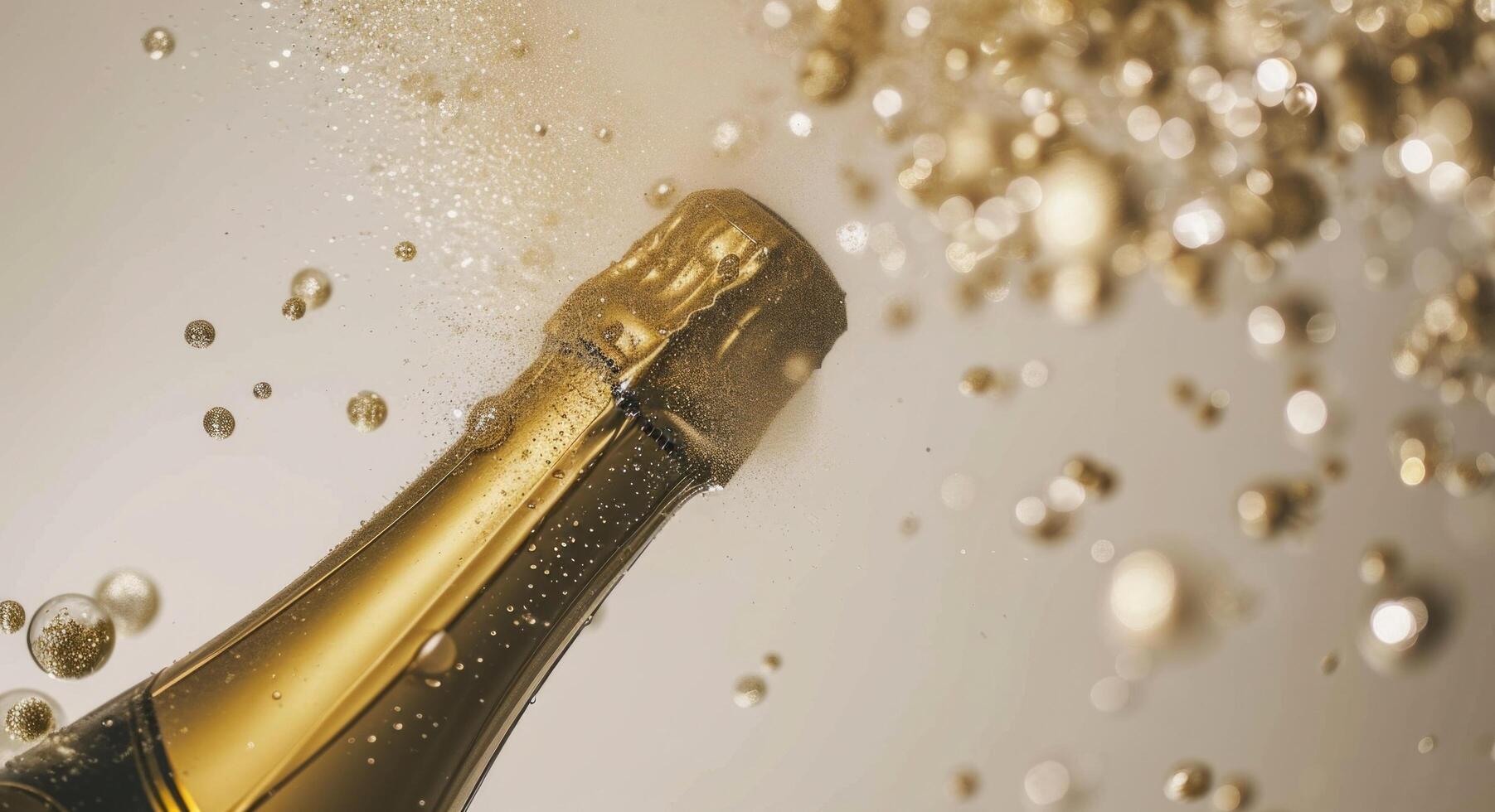 AI generated champagne bottle spewing champagne dust on a white background photo