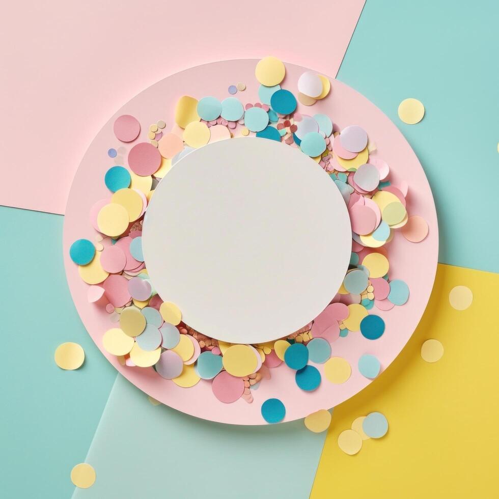 AI generated colorful confetti around a circular piece of paper on pastel colored photo