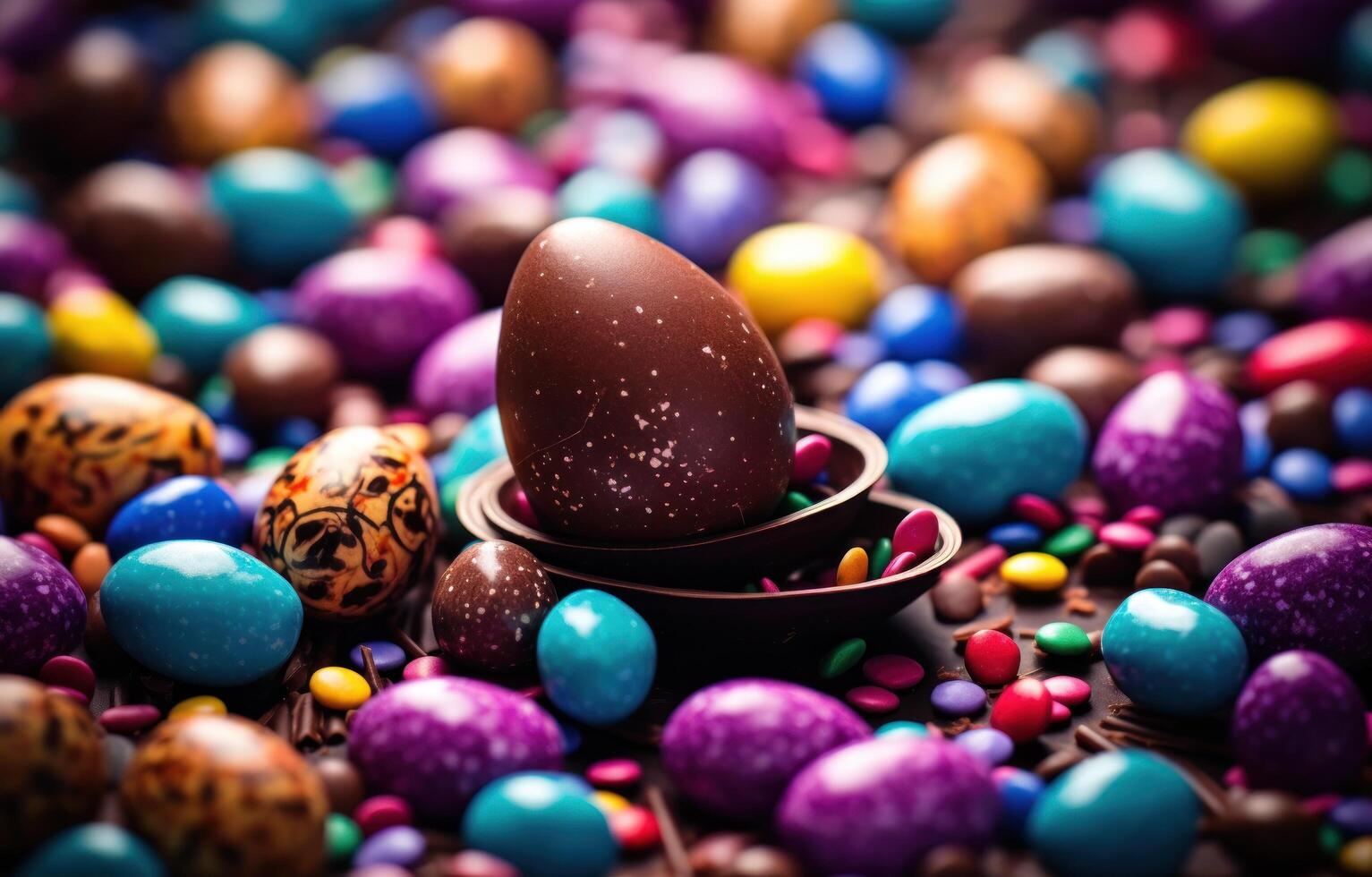 AI generated chocolate easter eggs and sprinkles on a table photo