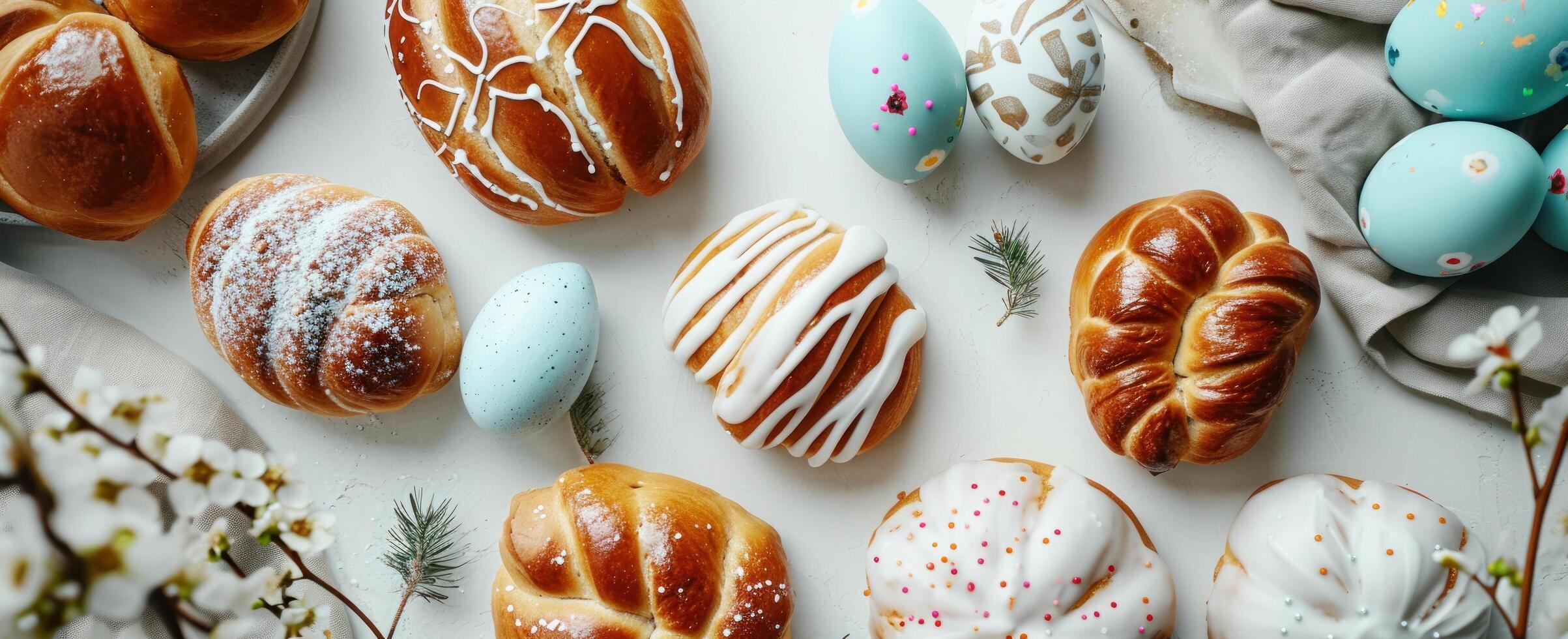 AI generated a variety of easter buns with decorative eggs and icing photo