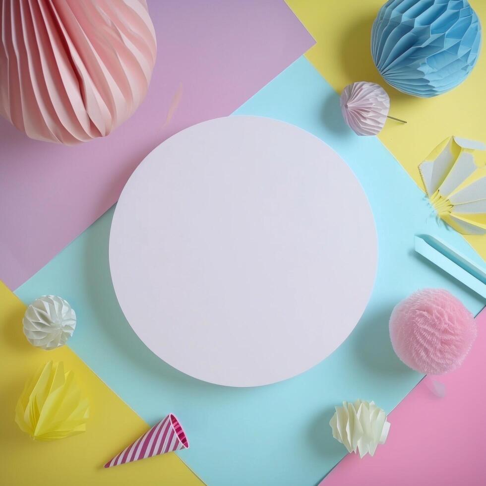 AI generated a white paper circle sitting on colorful party decorations photo