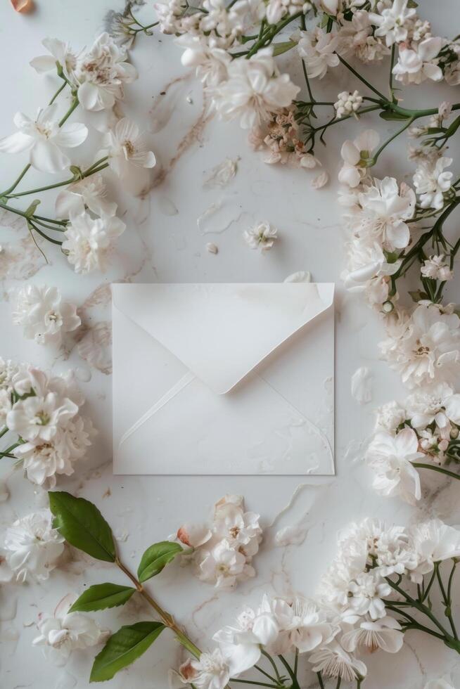 AI generated a white card envelope is placed inside a floral frame photo