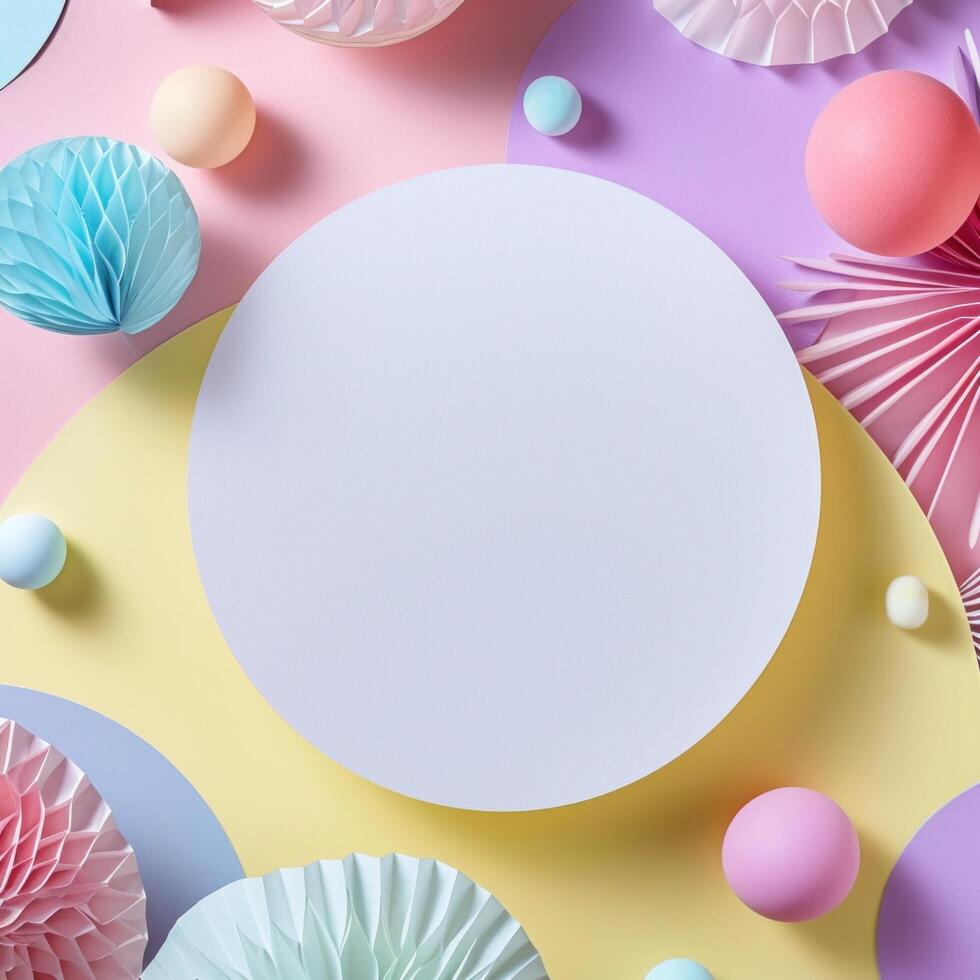 AI generated a white paper circle sitting on colorful party decorations photo