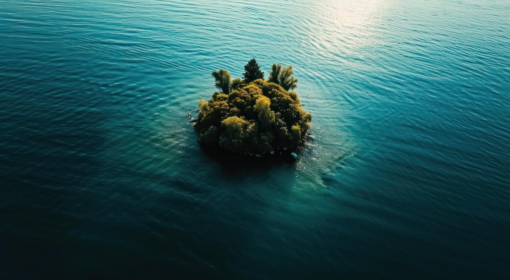 ai generado aéreo Disparo de un solitario isla en el medio de agua aéreo Disparo foto