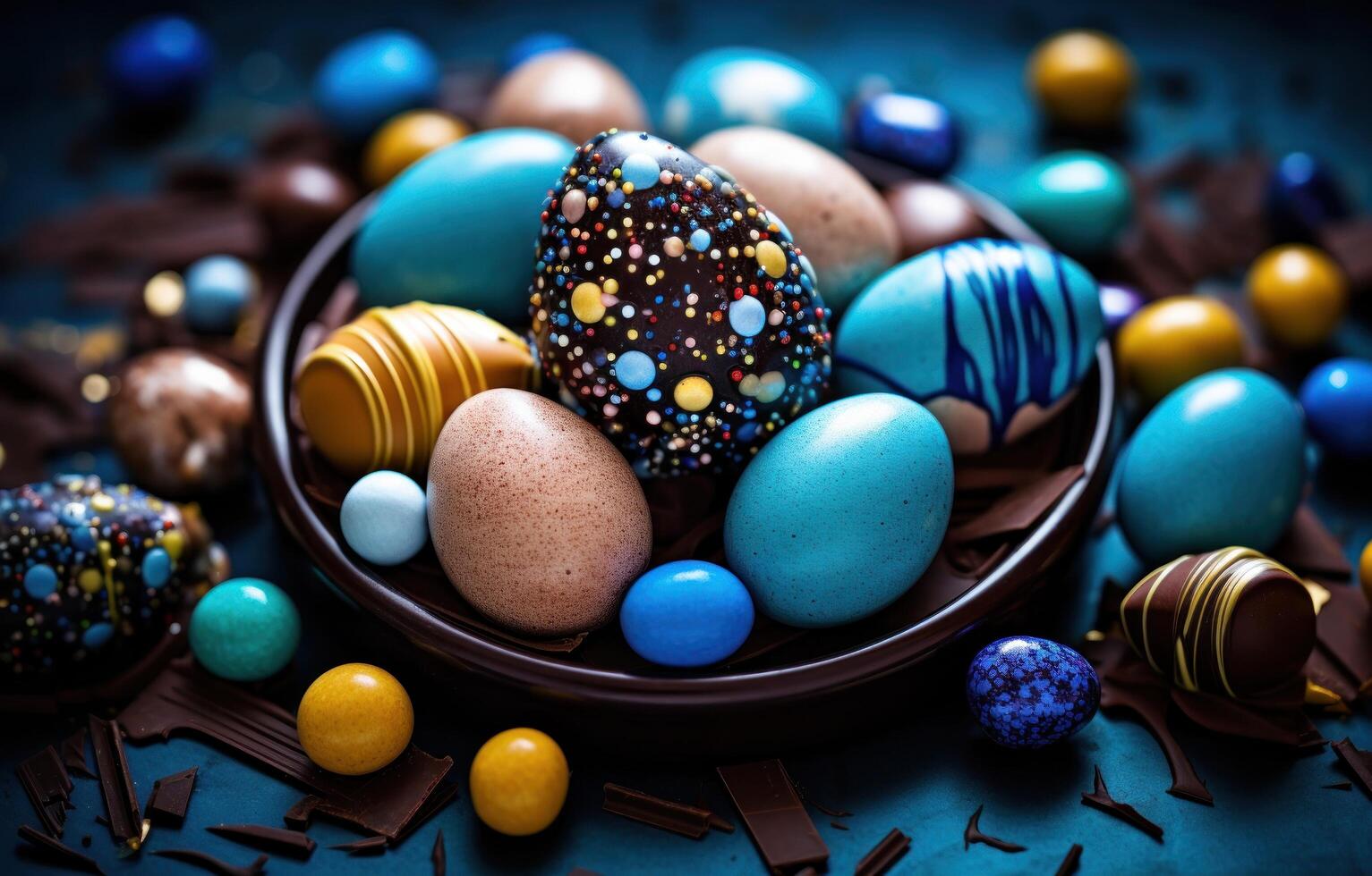 AI generated easter eggs on a blue table on top of sprinkles and chocolate photo