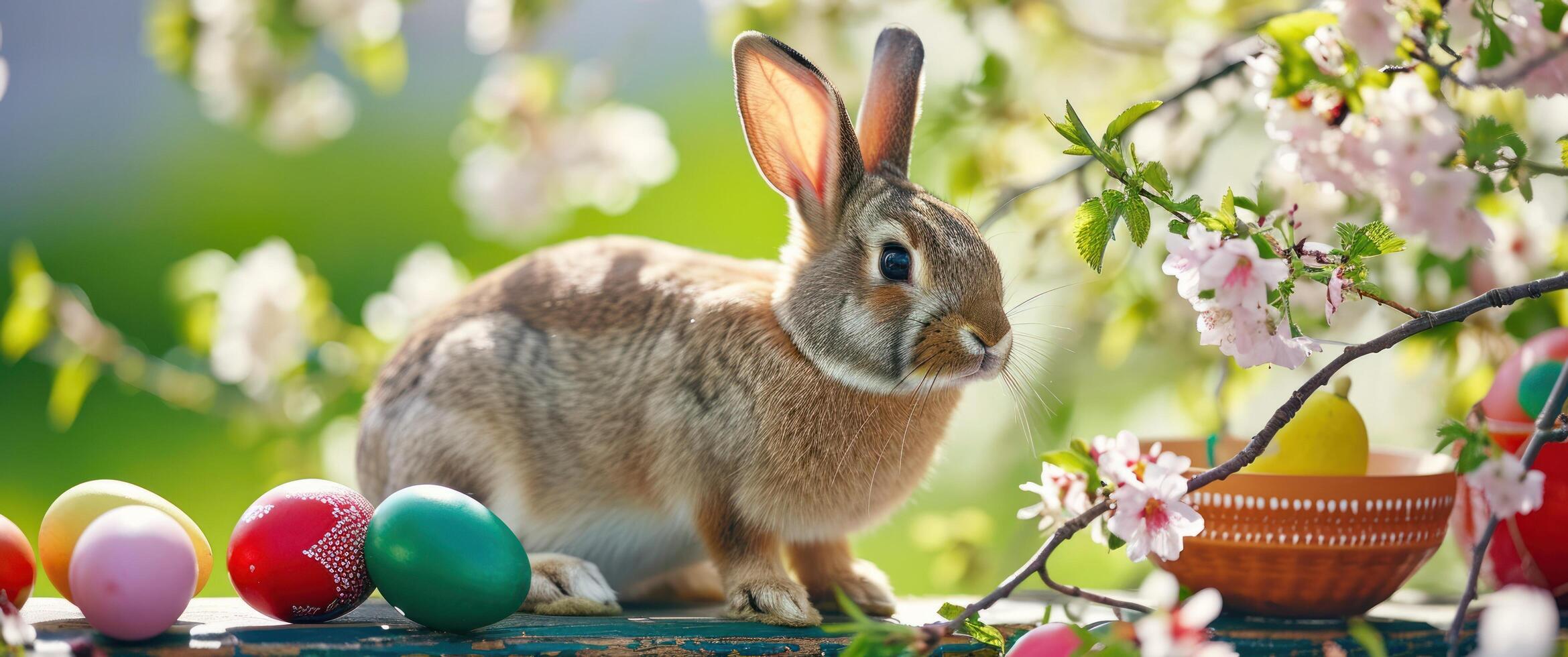 AI generated easter bunny on a table in natural spring garden with easter eggs photo