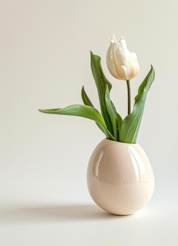 ai generado Pascua de Resurrección tulipanes en un huevo con blanco antecedentes foto