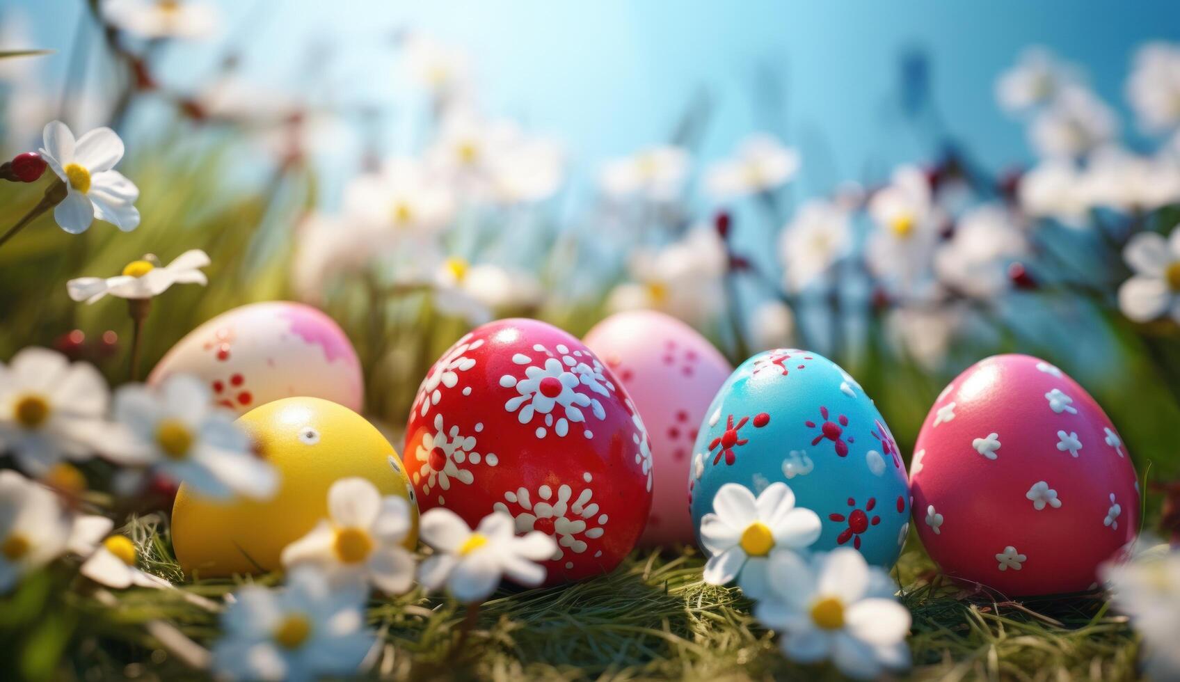 AI generated easter egg pictures, clipart and clipart of easter eggs on a lawn photo