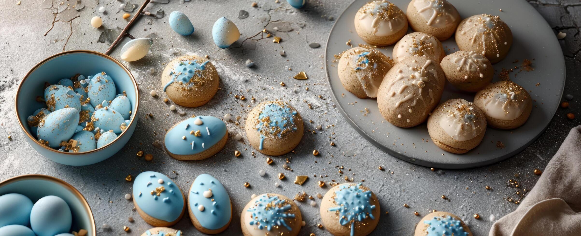 AI generated easter cookies and easter buns on a grey table photo