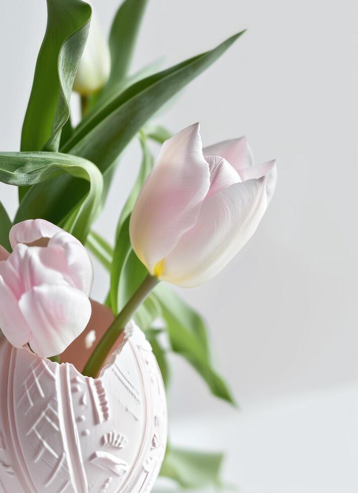 ai generado Pascua de Resurrección tulipanes en un huevo con blanco antecedentes foto