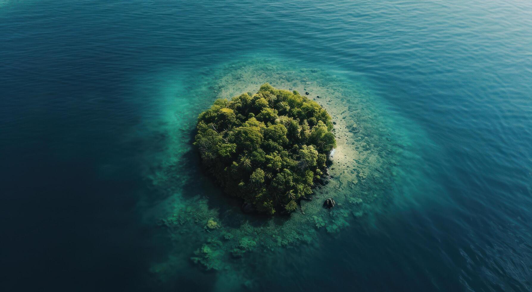 ai generado aéreo Disparo de un solitario isla en el medio de agua aéreo Disparo foto