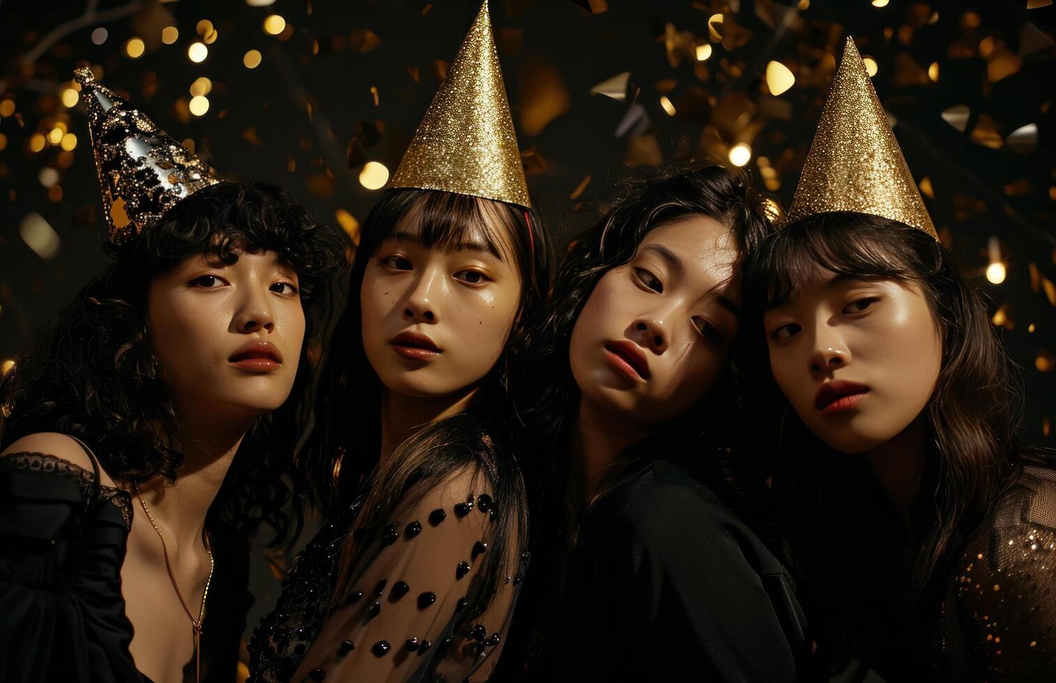 AI generated four women are posing together with gold party hats to celebrate photo