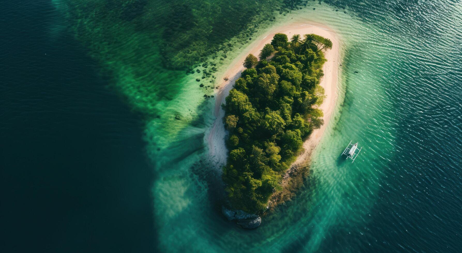 ai generado un aéreo ver de un sangrado isla con un barco en el agua foto