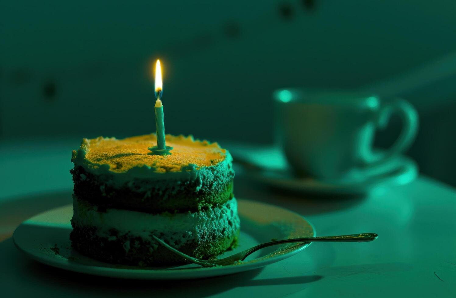 AI generated green, blue, and yellow birthday cake with the lit candle photo