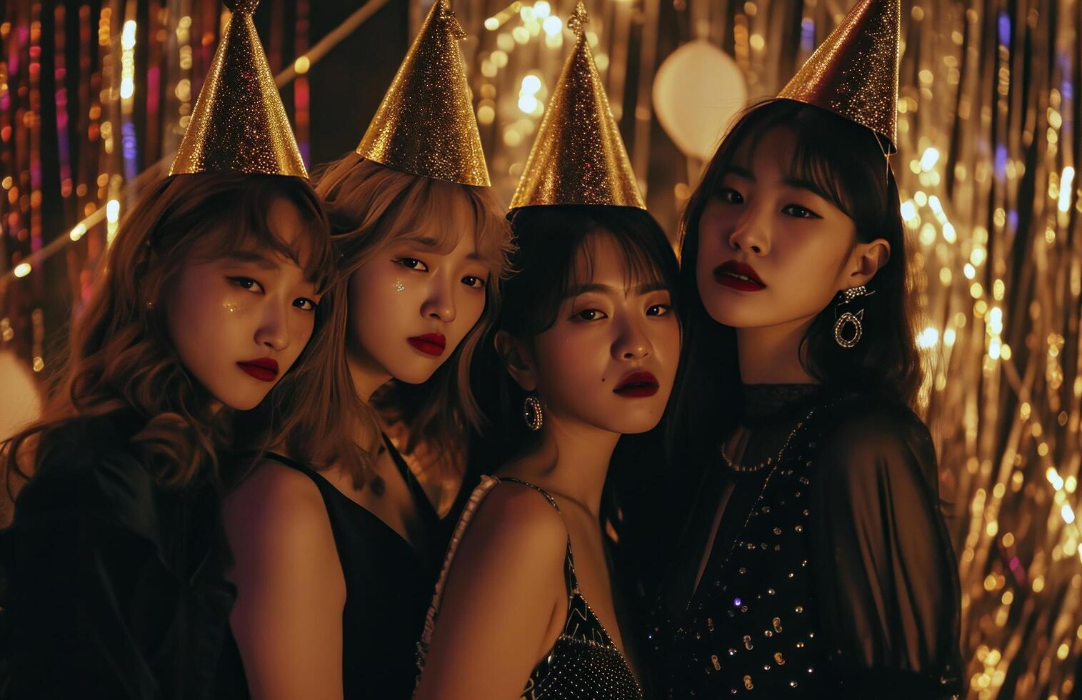 AI generated four women are posing together with gold party hats to celebrate photo