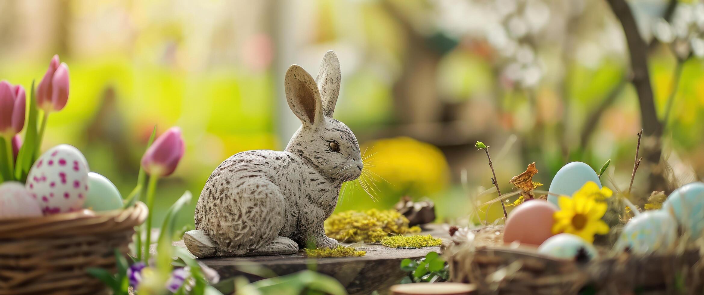 AI generated easter bunny on a table in natural spring garden with easter eggs photo