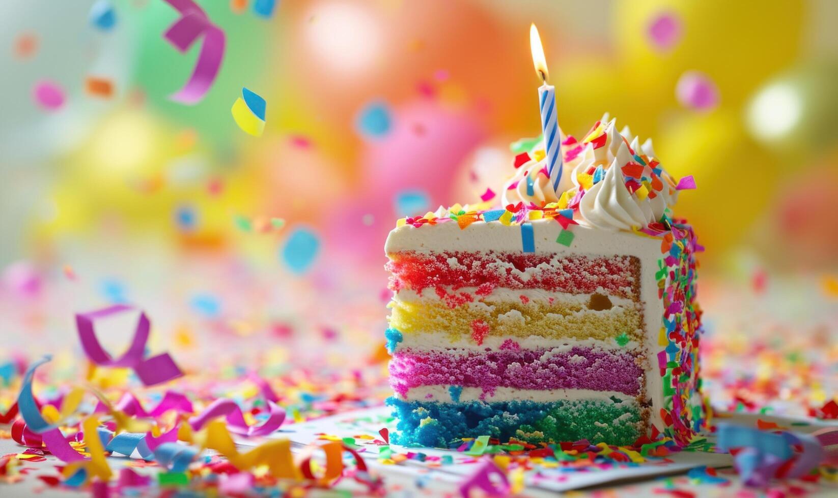 AI generated colorful birthday cake with candle on background photo