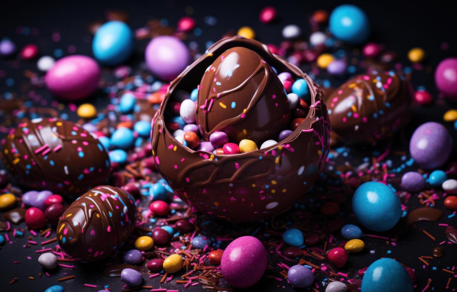 AI generated chocolate easter eggs and sprinkles on a table photo