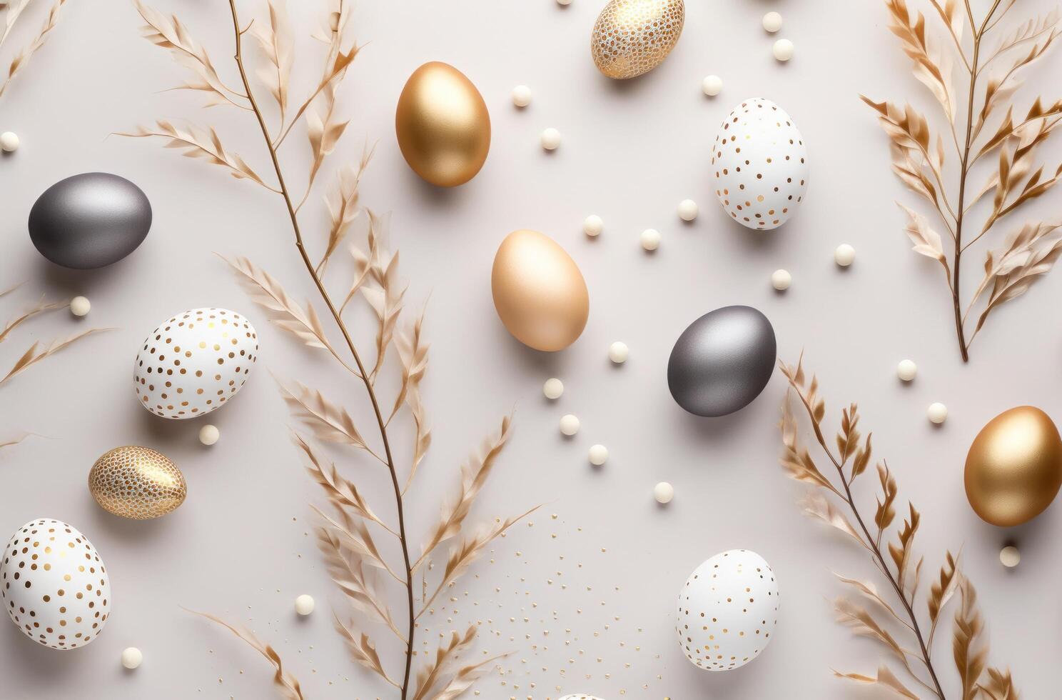 AI generated colorful easter eggs with white branches flatlay photo