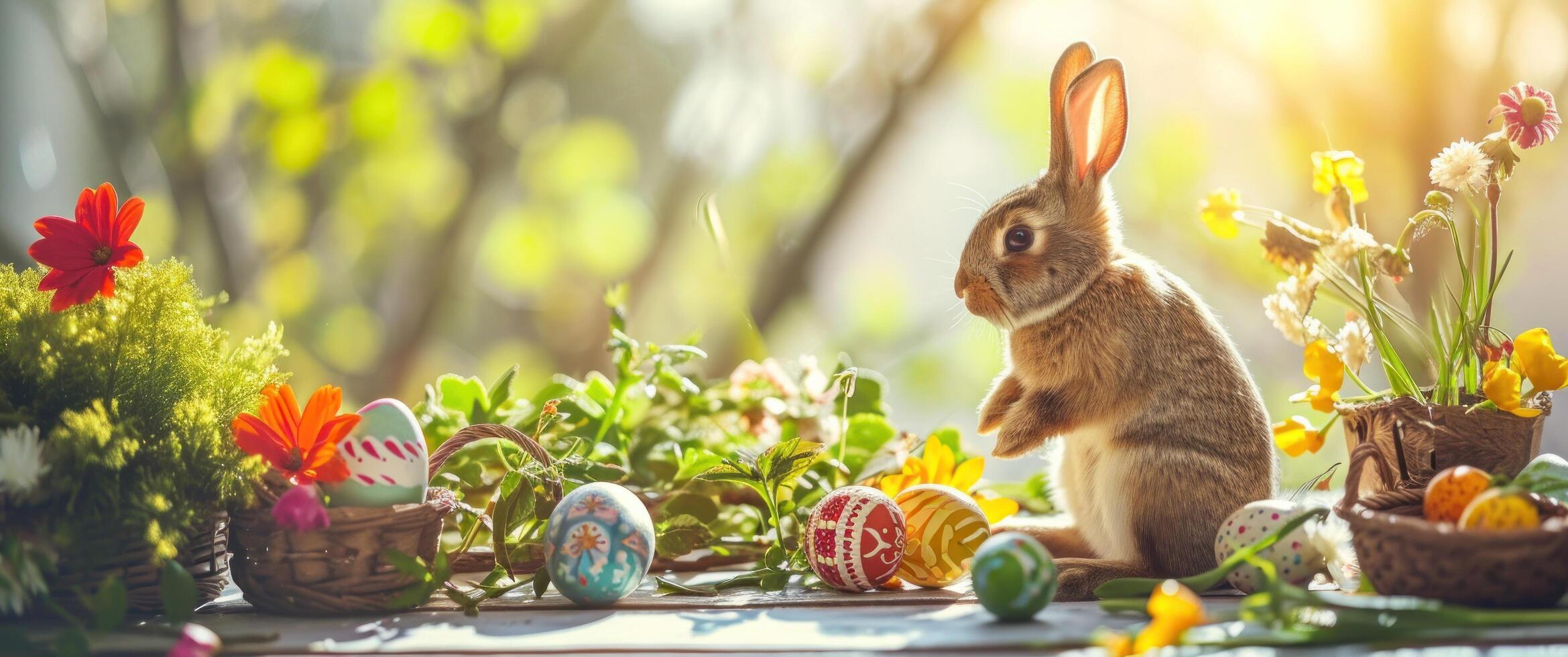 AI generated easter bunny on a table in natural spring garden with easter eggs photo