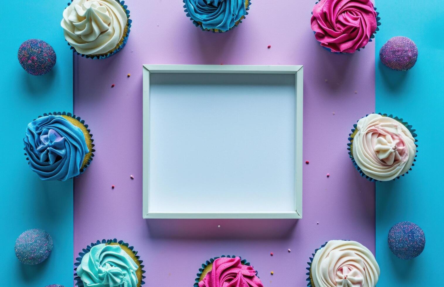 AI generated colorful cupcakes and cupcakes placed near a white square banner photo