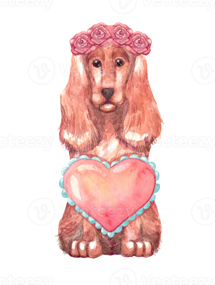 Spaniel cute dog with wreath of roses and heart. Valentines day, love and romance concept. Hand drawn watercolor illustration of pet isolated on transparent background for design, postcards. png