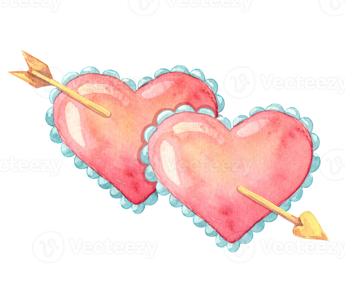 Watercolor two red hearts with arrow. Valentines day, love, passion and romance concept. Hand drawn illustration element isolated on transparent background for design, postcards, invitations. png