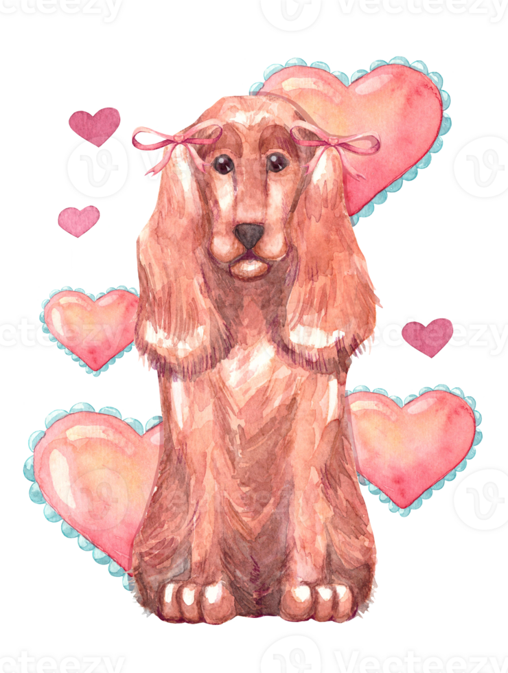 Spaniel cute dog with bow surrounded by hearts. Valentines day, love and romance concept. Hand drawn watercolor illustration of pet isolated on transparent background for design, postcards. png