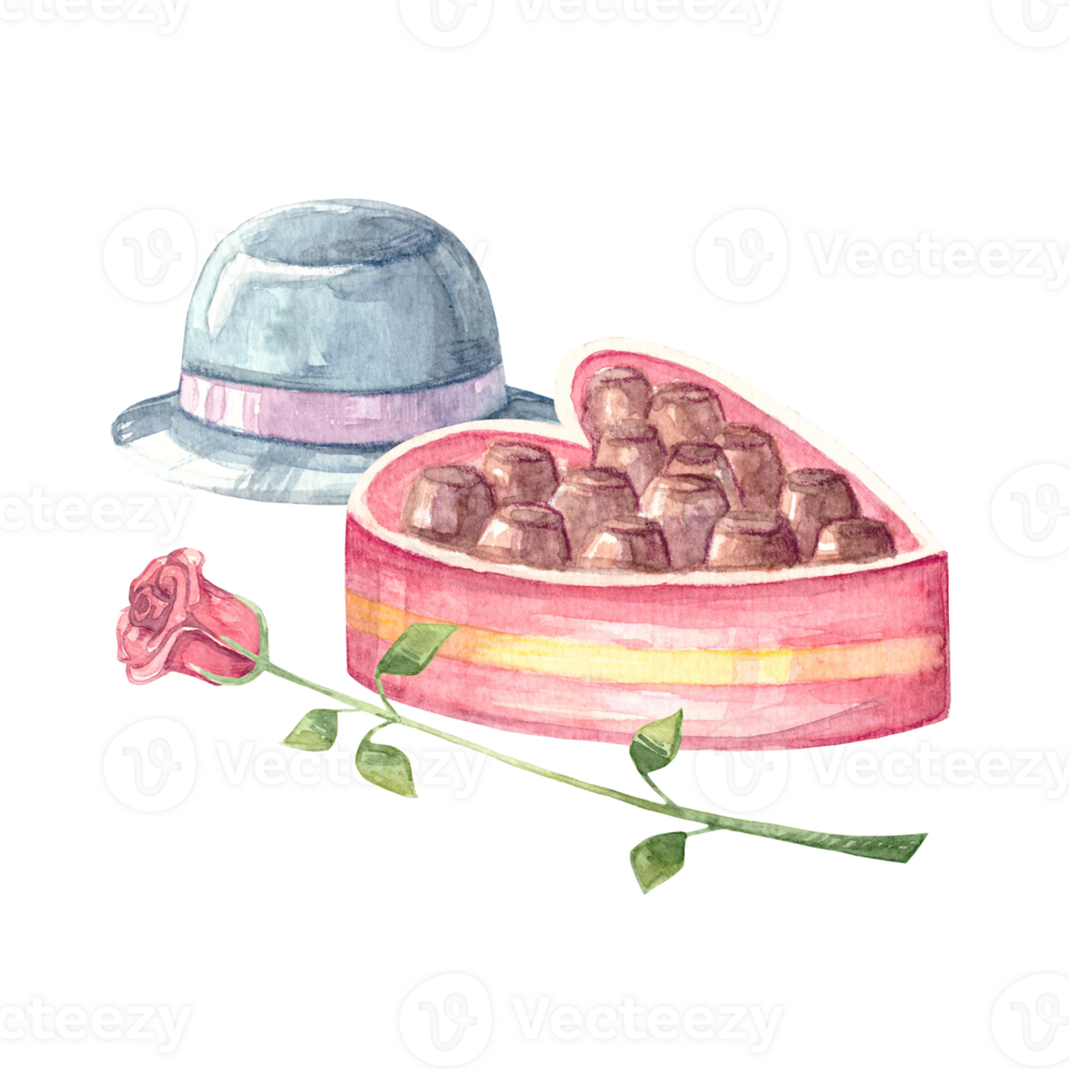 Chocolate candies in heart shaped box with red rose and mens hat. Valentines day, love, passion, dating and romance concept. Hand drawn illustration isolated on transparent background for design. png