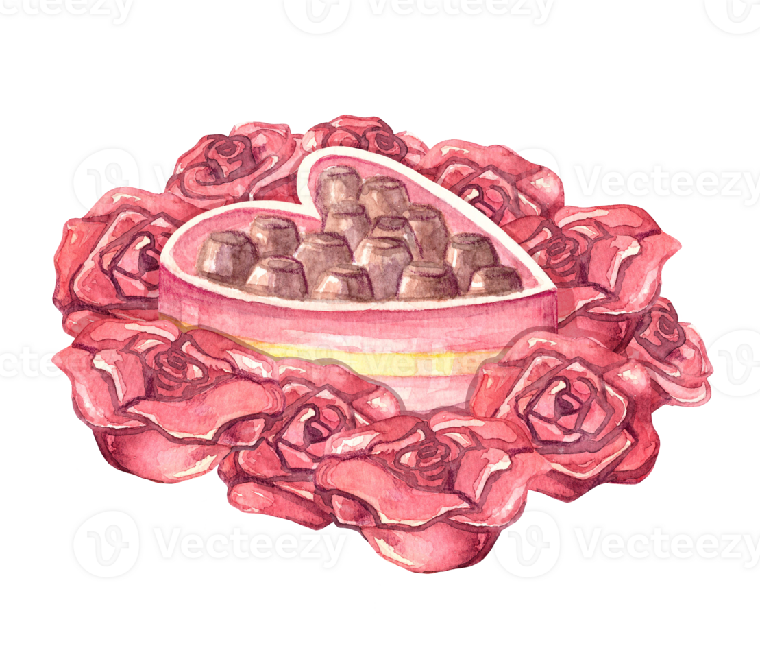 Chocolate candies in heart shaped box with red roses. Valentines day, love and romance concept. Hand drawn illustration element isolated on transparent background for design, postcards, invitations. png