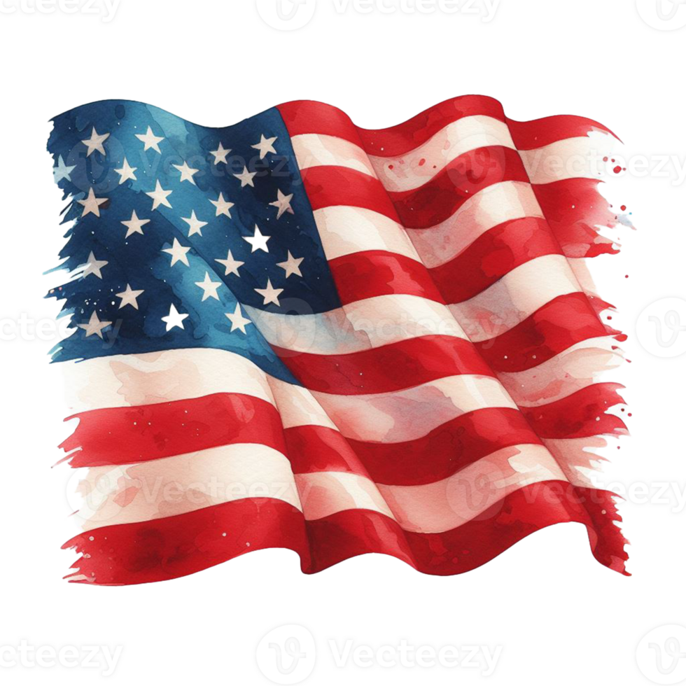 AI generated USA flag wavy watercolor clip art for 4th of July holiday independence day holiday in USA.  hand drawn of National flag of United States on png transparency