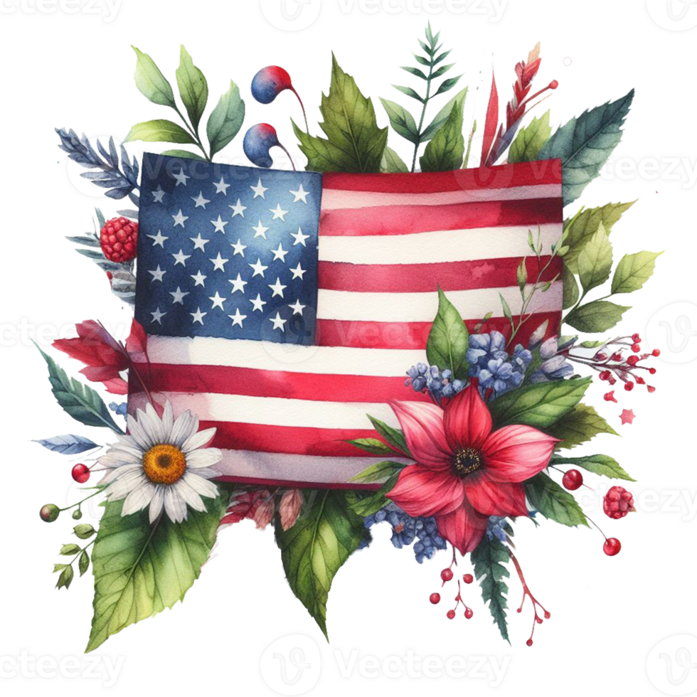 AI generated USA flag wavy watercolor clip art for 4th of July holiday independence day holiday in USA.  hand drawn of National flag of United States on png transparency
