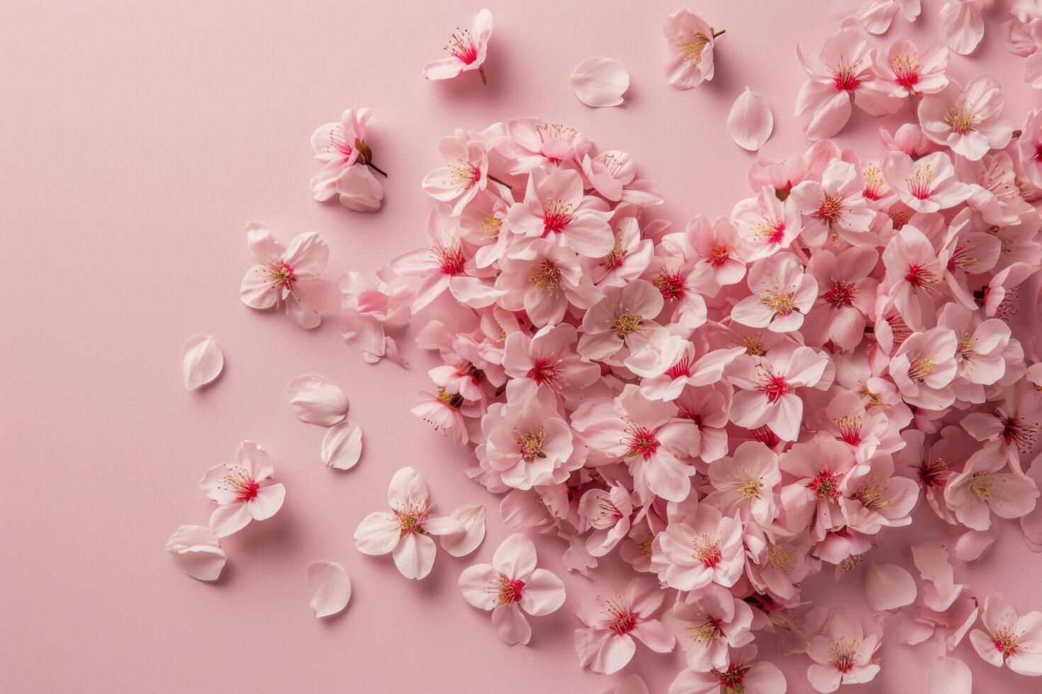 ai generado corazón modelo con rosado flores en un rosado antecedentes foto