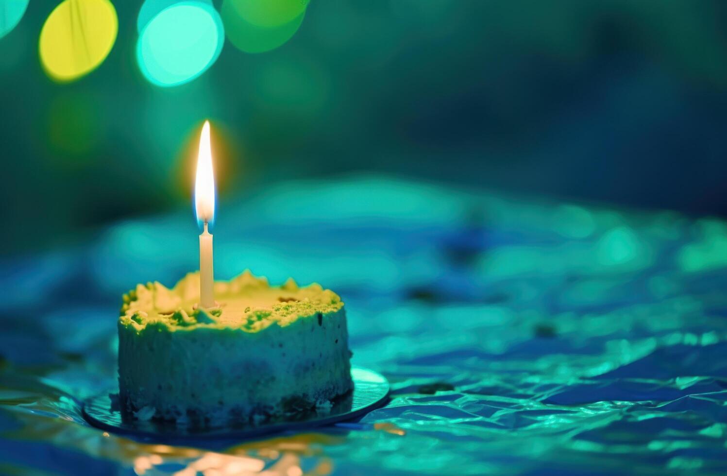 AI generated green, blue, and yellow birthday cake with the lit candle photo