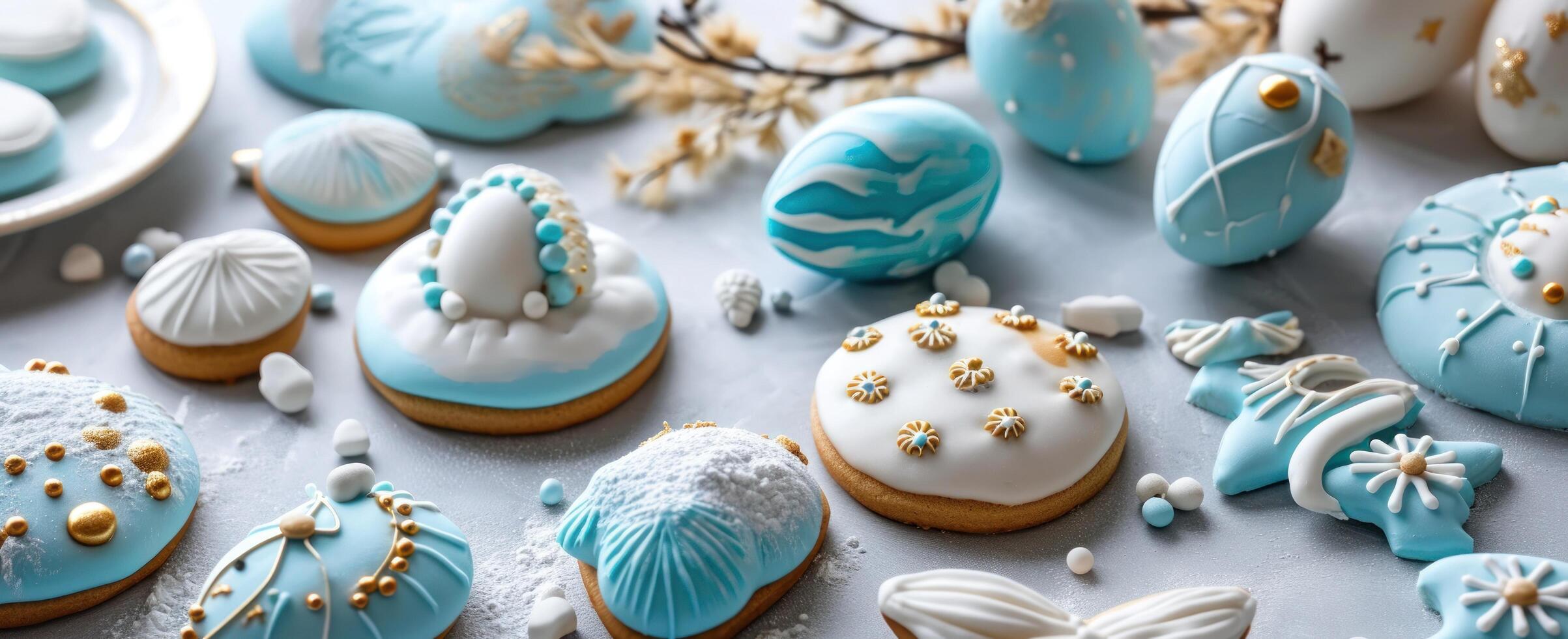 AI generated easter cookies and easter buns on a grey table photo