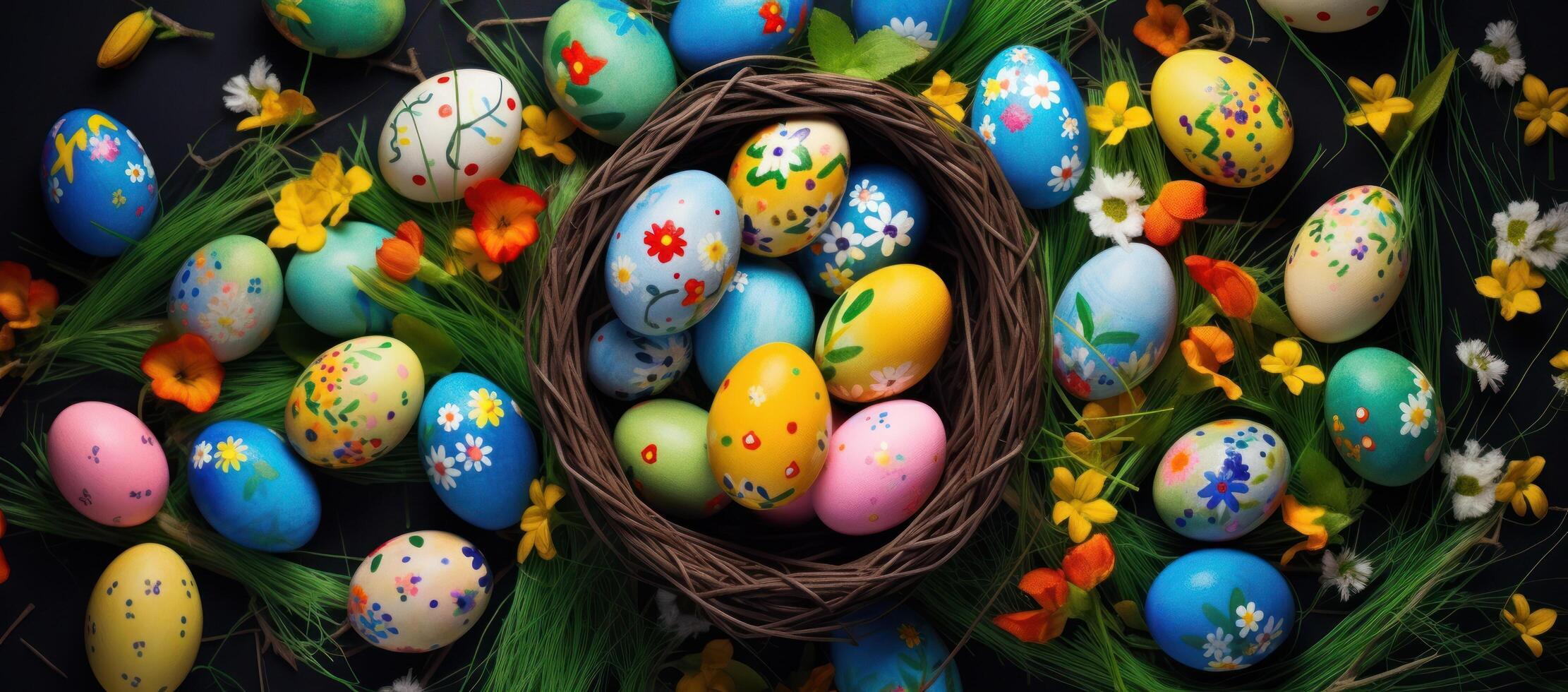 ai generado Pascua de Resurrección cesta con huevos en el césped foto