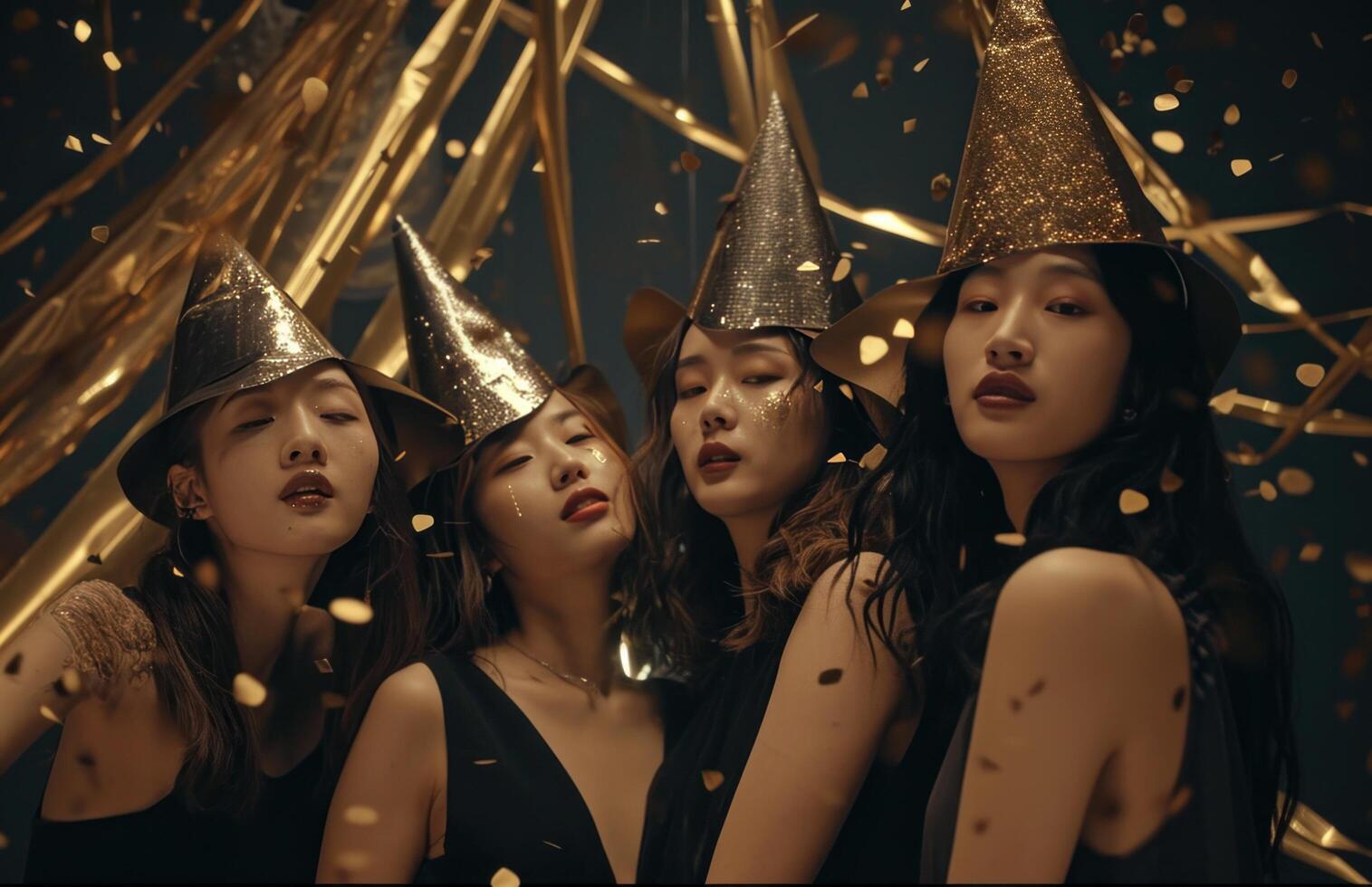 AI generated four women are posing together with gold party hats to celebrate photo