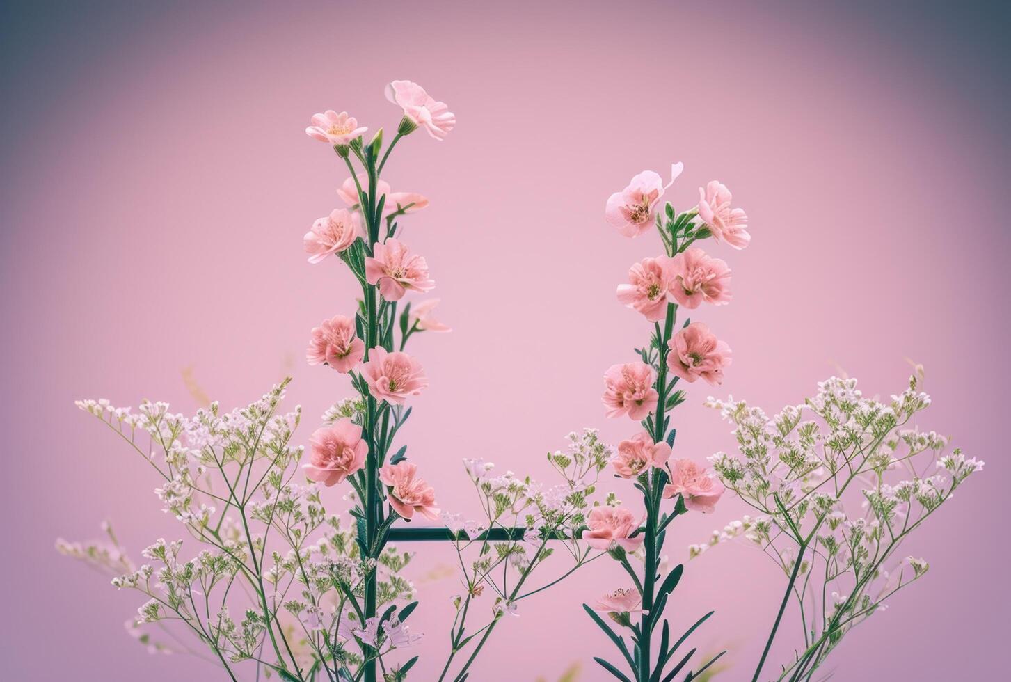 ai generado rosado y blanco flores hacer el letra en un rosado antecedentes foto